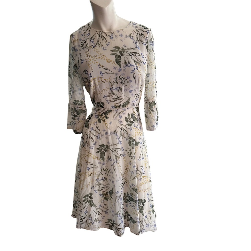 Hobbs London Floral Chiffon Midi Dress Cream Blue Wildflower US 4 UK 8